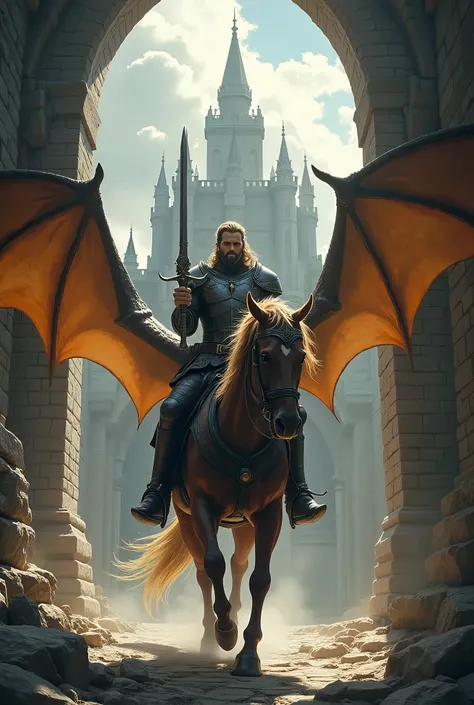 Horseman on top of a dragon coming out of a castle 