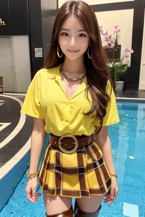  Perfect Body as Pictured、(Huge胸)、(:1.2)、(Narrow waist:1.5)、(Open Heart Yellow Shirt:1.5)、(Plaid Micro Mini Skirt:1.5)、(Chain belt:1.5)、(Knee-high boots:1.5)、(One Girl:1.9)、high quality、、(Colorful Hair:1.6)、Japanese、Teenage Face、baby face、、(Very tanned bro...