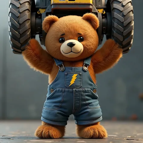 a realistic fluffy, rich, dark, chestnut brown, normal sized teddy bear wearing denim dungarees with a yellow lightning motif holding up a lorry above his head, straining, super strong weight,