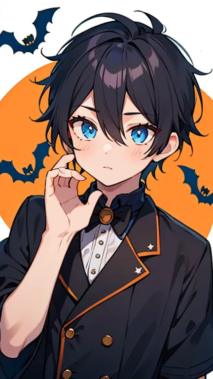 ((A boy with black hair and blue eyes)),((Im wearing Halloween clothes)),bangs,Hair between the eyes