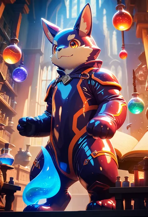 Best Quality, Best Quality, masterpiece, Ultra-high resolution, Detailed Background, Absurd, Fantasy, rpg, alchemy, Perfect Anatomy, performance, Good lighting, Shadows in the movies(kemono, Furry Personifi猫ion), Rubber Suit, latex, rubber armor, Vibrant c...