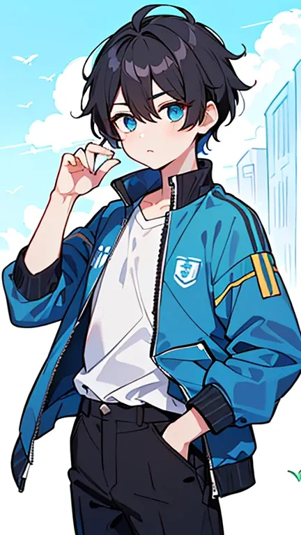 ((검정색 머리카락을 기지고 있고 파란색 눈을 가진 한 소년)),((A boy with black hair and blue eyes wearing a light blue summer jacket )),bangs,Hair between the eyes