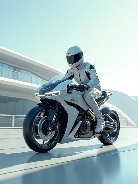 A man rides a design motorcycle, simple and clean background, photo of integration of technology and architecture, bright, realistic, futuristic, 16:9, panoramic