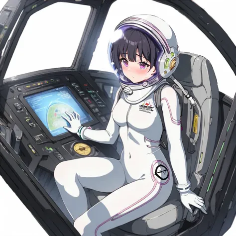 1人of女of子,Alone,short hair,(Space Suit:1.15), Black Hair Space Helmet ,whole body, indoor, masterpiece of the highest quality,  trembling, difficulty breathing,Bodysuits,Lumine , Bubble Helmet, short hair,  backpack,gloves,blush,internal (cockpit) of (Futur...