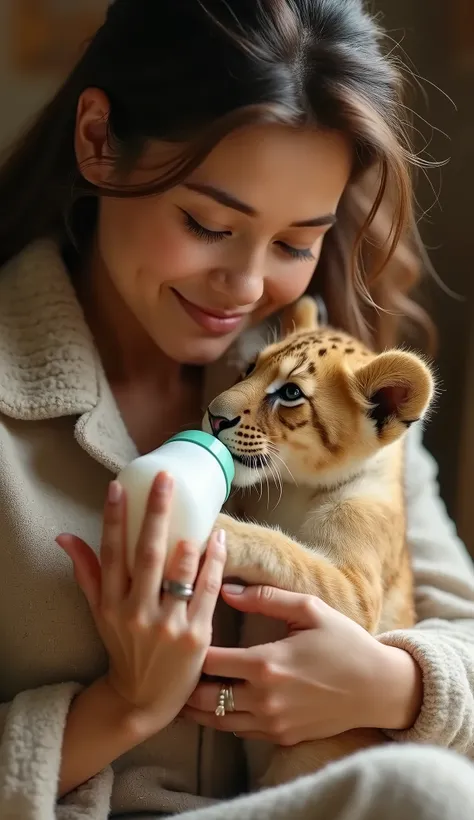 Generate a hyper-realistic, ultra-clear 64K HD image in a 9:16 aspect ratio. The scene features a woman gently feeding milk to a small lion cub. She is seated in a cozy environment, with soft, natural lighting that highlights her compassionate expression a...