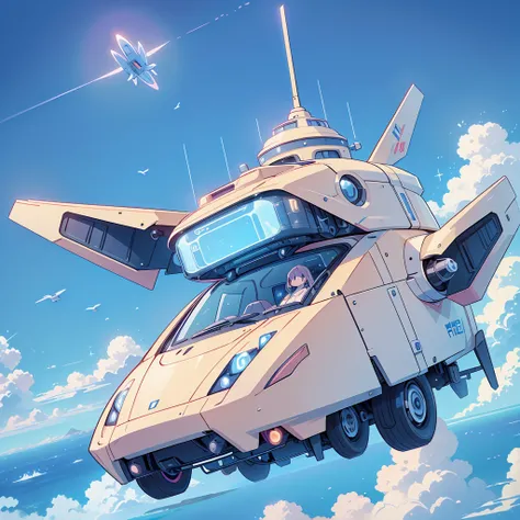 A futuristic vehicle that flies in the sky、Kawaii Tech,super high quality、Masterpiece、The best composition、