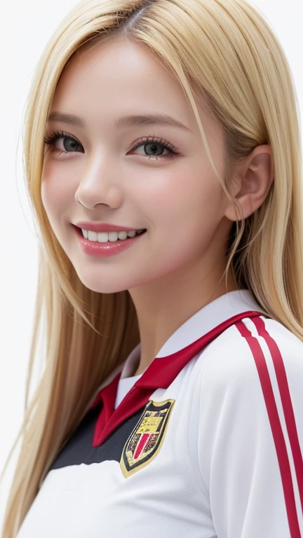 (((forehead、blonde、Northern Europe、White、beautiful girl、blonde、White background、Soccer uniforms、smile)))、Tabletop, Best Quality, shape, Super detailed, finely, High resolution, 8K wallpaper, Perfect dynamic composition, finelyて美しい目, Deco Out,Blonde, Medium...