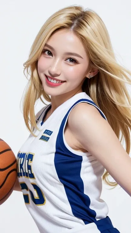 (((forehead、blonde、Northern Europe、White、beautiful girl、blonde、White background、Basketball uniform、smile)))、Tabletop, Best Quality, shape, Super detailed, finely, High resolution, 8K wallpaper, Perfect dynamic composition, finelyて美しい目, Deco Out,Blonde, Med...