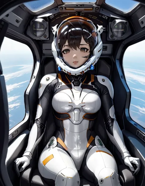 ((female pilot in the cockpit of reconnaissance plane), (airplane cockpit), (in flight), (10,000フィートof高度)、(空of景色):1.7),, short h...