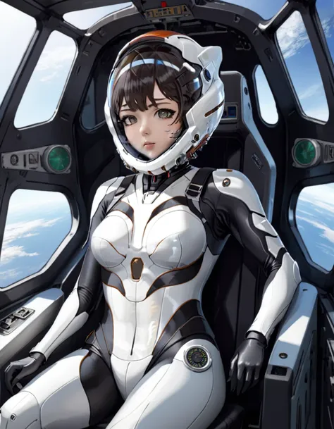 ((female pilot in the cockpit of reconnaissance plane), (airplane cockpit), (in flight), (10,000フィートof高度)、(空of景色):1.7),, short h...