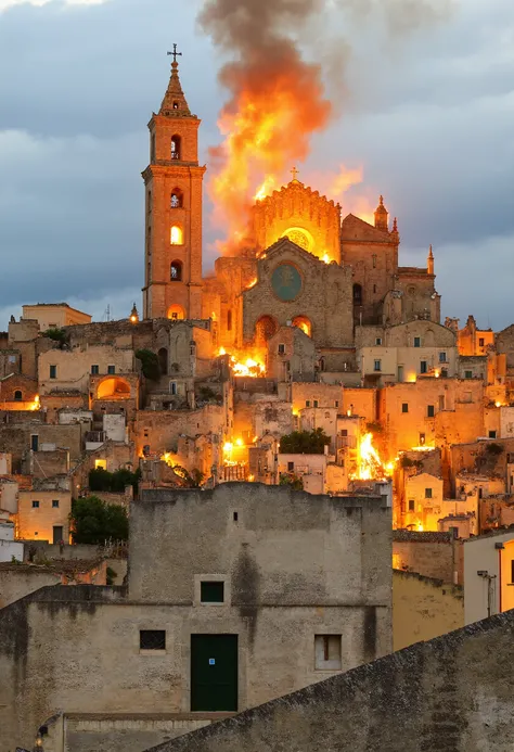 Cathedral of Matera, flames from windows, bell tower is falling down