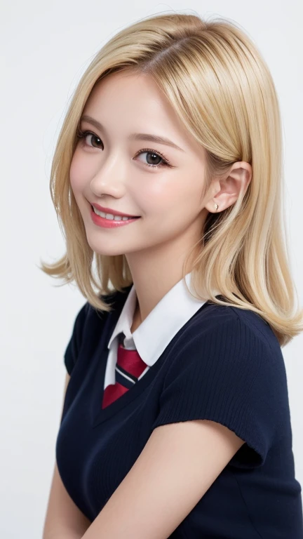 (((forehead、blonde、Northern Europe、White、beautiful girl、blonde、White background、Student Uniform、smile)))、Tabletop, Best Quality, shape, Super detailed, finely, High resolution, 8K wallpaper, Perfect dynamic composition, finelyて美しい目, Deco Out,Blonde, Medium...