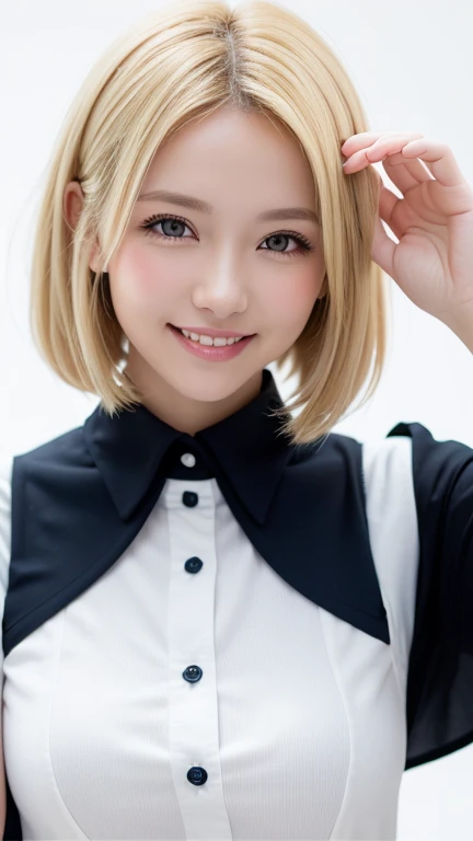 (((forehead、blonde、Northern Europe、White、beautiful girl、blonde、White background、Student Uniform、smile)))、Tabletop, Best Quality, shape, Super detailed, finely, High resolution, 8K wallpaper, Perfect dynamic composition, finelyて美しい目, Deco Out,Blonde, Short ...