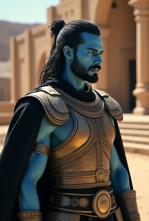 A man, sky blue skin, very handsome, athletic body, elegant face, soft gaze, smiling expression, intense and detailed black eyes, medium length hair, wavy hair, jet black hair, tied hair, short beard, ancient Berber armor with an elaborate breastplate, lon...