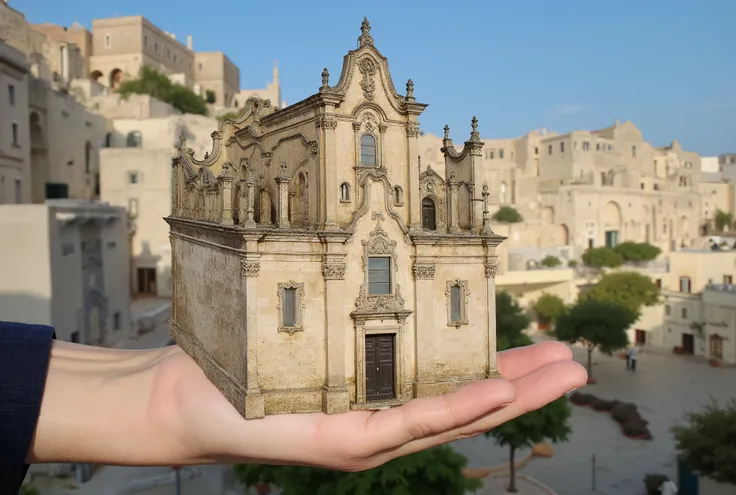 Cathedral of Matera in a hand. photorealistic reality image