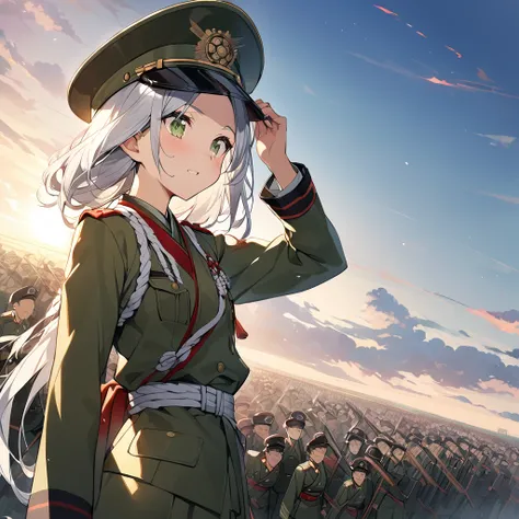 Girl, military, field green peaked cap, field green uniform, Japanese, Empire of Japan, Imperial Japanese Army, white hair, curtain bangs, shows forehead, gold sun on cap, {HD}