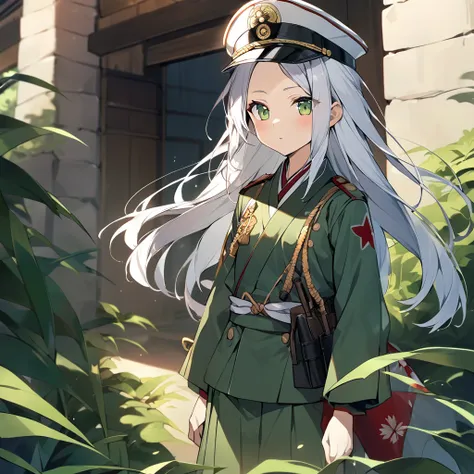 Girl, military, field green peaked cap, field green uniform, Japanese, Empire of Japan, Imperial Japanese Army, white hair, curtain bangs, shows forehead, gold sun on cap, {HD}