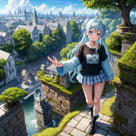 Light blue hair、Rainbow Eyes、Wavy Hair、Hair tied up、Two cute、Checked mini skirt、Black T-shirt、Long sleeve、and、Black knee-high socks、Teeth are visible、Ice Castle、Tilting face、lawn、In front of the city gate、The stone is cracked、Uneven ground、Stone Wall、The r...