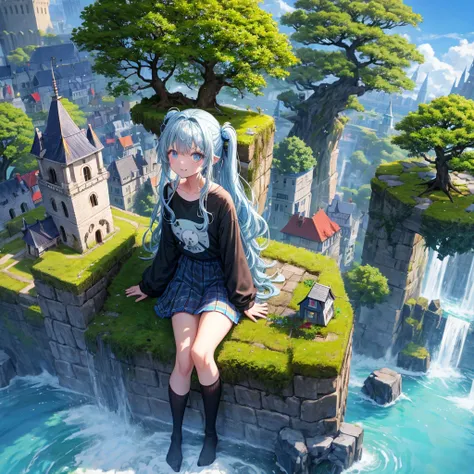 Light blue hair、Rainbow Eyes、Wavy Hair、Hair tied up、Two cute、Checked mini skirt、Black T-shirt、Long sleeve、and、Black knee-high socks、Teeth are visible、Ice Castle、Tilting face、lawn、In front of the city gate、The stone is cracked、Uneven ground、Stone Wall、The r...