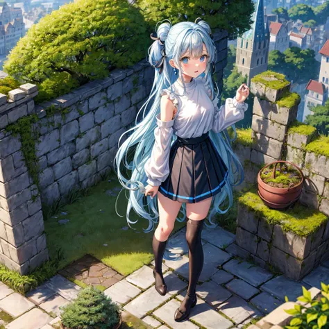 Light blue hair、Rainbow Eyes、Wavy Hair、Hair tied up、Two cute、Checked mini skirt、Black T-shirt、Long sleeve、and、Black knee-high socks、Teeth are visible、Ice Castle、Tilting face、lawn、In front of the city gate、The stone is cracked、Uneven ground、Stone Wall、The r...