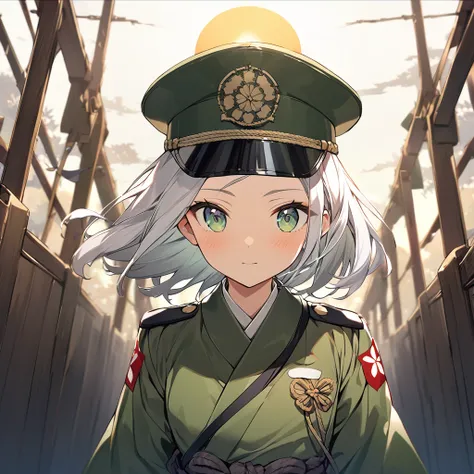 Girl, military, field green peaked cap, field green uniform, Japanese, Empire of Japan, Imperial Japanese Army, white hair, curtain bangs, shows forehead, gold sun on cap, {HD}