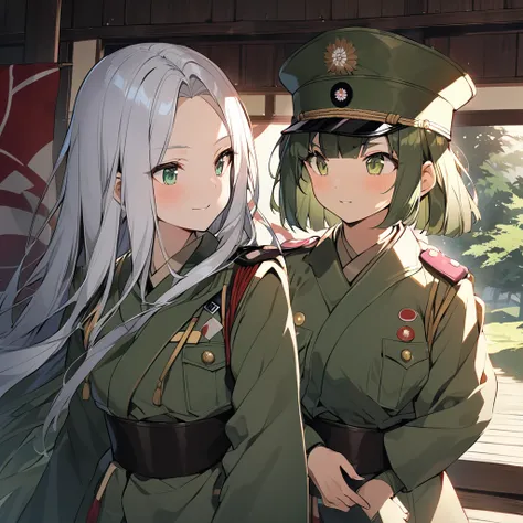 Girl, military, field green peaked cap, field green uniform, Japanese, Empire of Japan, Imperial Japanese Army, white hair, curtain bangs, shows forehead, gold sun on cap, {HD}