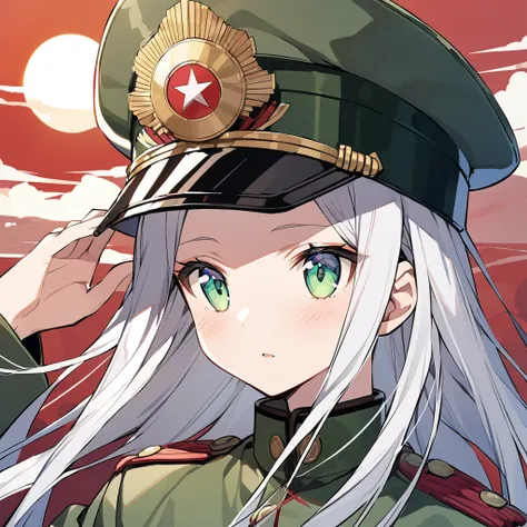 Girl, military, field green peaked cap, field green uniform, Japanese, Empire of Japan, Imperial Japanese Army, white hair, curtain bangs, shows forehead, gold sun on cap, {HD}