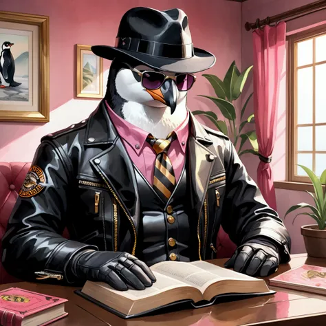 Closeup, anime art style, In a calm, relaxing, serene living room, the portrait of an extremely badass penguin seated wearing an insanely cool black leather Harley Davidson biker jacket open, black leather waistcoat, gold striped necktie, black fedora, bla...