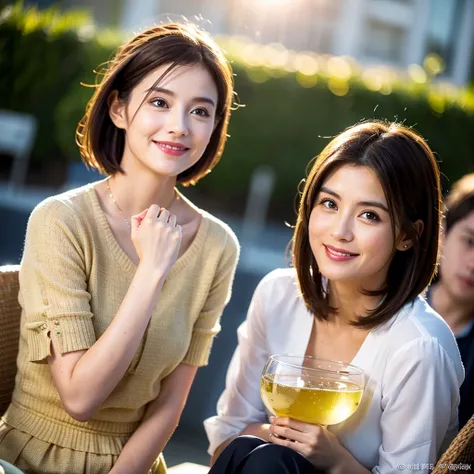 ((White Wine)),((Wine Glasses)),(Realistic, 超Realistic:1.4), 16K HDR, High resolution,((White Wine)),((Wine Glasses)),Happy smile、short hair,The best smile、Japanese actress,so beautiful(It looks like the real thing),dress、Slim couple、Model Couple、(Realisti...