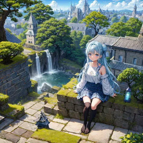 Light blue hair、Rainbow Eyes、Wavy Hair、Hair tied up、Two cute、Checked mini skirt、Black T-shirt、Long sleeve、and、Black knee-high socks、Teeth are visible、Ice Castle、Tilting face、lawn、In front of the city gate、The stone is cracked、Uneven ground、Stone Wall、The r...