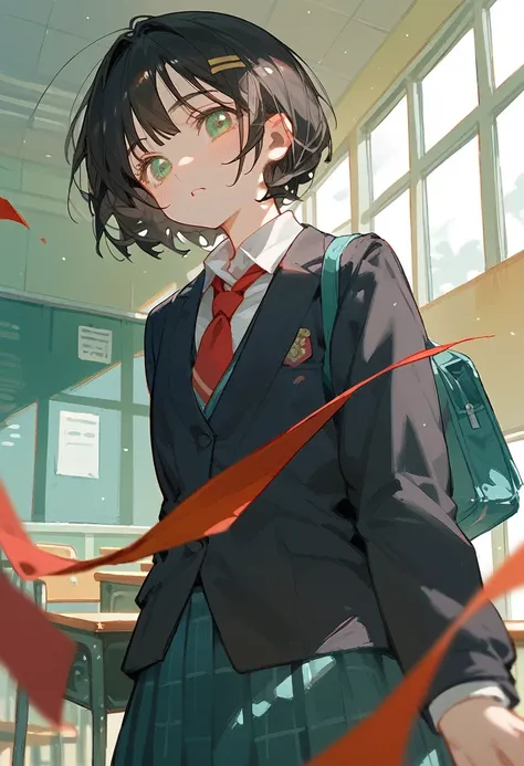 Jade green eyes, Short black hair, A schoolgirl like a cool prince , school uniform with black vest and red tie,School building