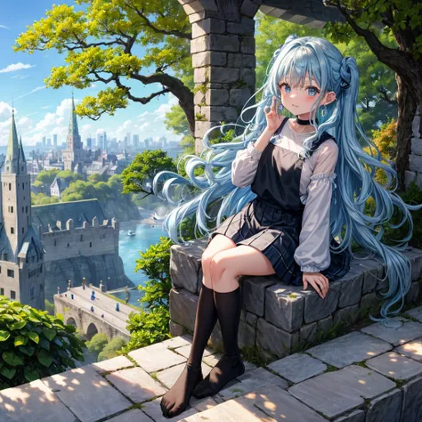 Light blue hair、Rainbow Eyes、Wavy Hair、Hair tied up、Two cute、Checked mini skirt、Black T-shirt、Long sleeve、and、Black knee-high socks、Teeth are visible、Ice Castle、Tilting face、lawn、In front of the city gate、The stone is cracked、Uneven ground、Stone Wall、The r...