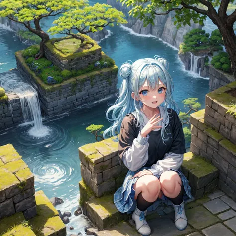 Light blue hair、Rainbow Eyes、Wavy Hair、Hair tied up、Two cute、Checked mini skirt、Black T-shirt、Long sleeve、and、Black knee-high socks、Teeth are visible、Ice Castle、Tilting face、lawn、In front of the city gate、The stone is cracked、Uneven ground、Stone Wall、The r...