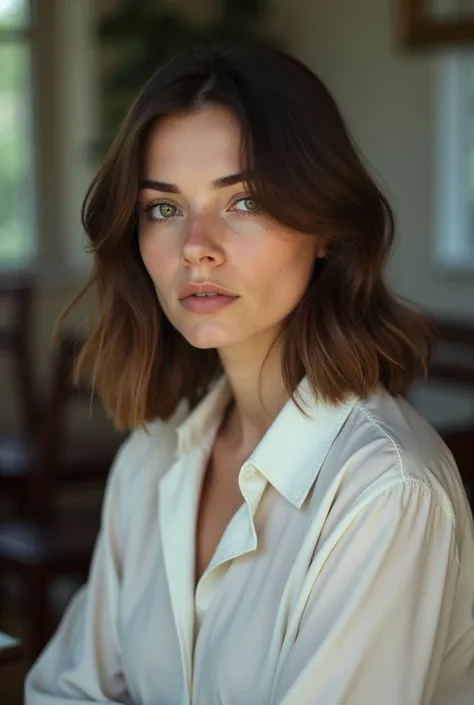 portrait woman with shoulder-length brown hair. She is wearing a white blouse with a collar and long sleeves. Her hair is styled in loose waves and falls over her shoulders. She has a serious expression on her face and is looking directly at the camera. Th...