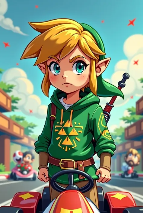 Faites-moi un dessin animé de style Link (zelda) cool avec un sweat à capuche  vert avec la triforce dessus tendance avec un arrière-plan de voiture de kart