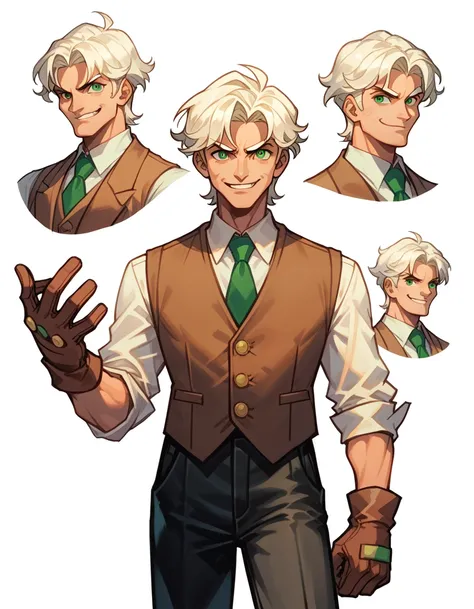 ( Mlp ) ,human Male , whiter  hair Style   , Green pupils ,Smug , Brown vest , Best Character Design ,Brow Tie , background,character sheet , concept art , Black Pants  ,Gloves ,pose ,