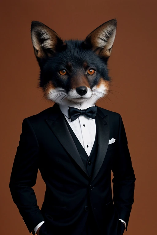 A classic picture of a black-skinned fox wearing a fancy suit 