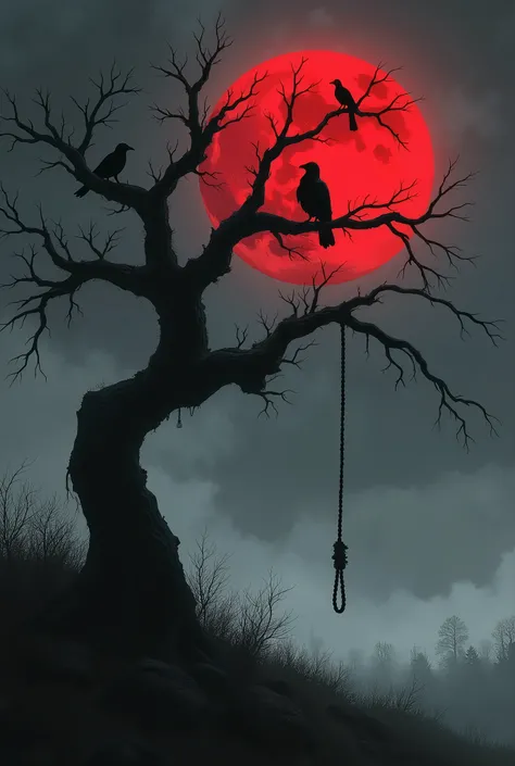 a  tree, dry tree without leaves scary, rope hanging on a branch, gallows, black and white, night, red moon in night sky, crows flying around. crows standing on the branches of the tree, scary fog.