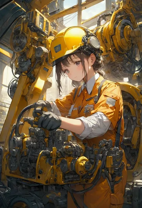 Heavy Machinery operated by beautiful operators in helmets and work uniforms