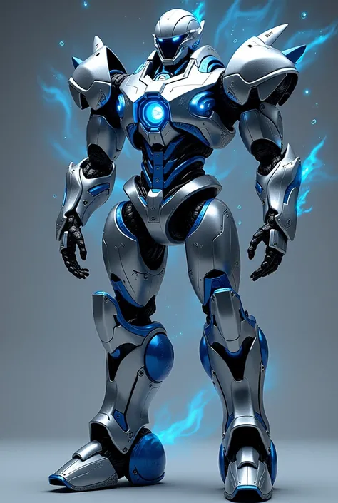  An illustration of a transformable manned robot from Japanese ;Real robot ,  animated,  that represents a combination of technology and magic ,  with a majestic color palette in silver and blue . The robot; The design includes a silver metal base with dee...