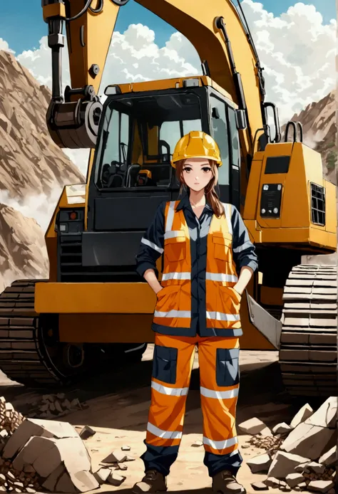 Heavy Machinery operated by beautiful operator in helmets and work uniform