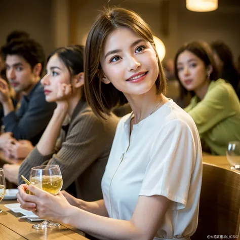 ((White Wine)),((Wine Glasses)),(Realistic, 超Realistic:1.4), 16K HDR, High resolution,((White Wine)),((Wine Glasses)),Happy smile、short hair,The best smile、Japanese actress,so beautiful(It looks like the real thing),dress、Slim couple、Model Couple、(Realisti...