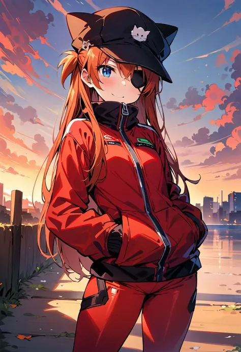 ((masterpiece,Best Quality, detailed)), Outdoor,
 Soryu Aska Langley,  red jacket,  bodysuit underwear, Cat hat,  red bodysuit, Eye patch, Put your hands in your pockets, (tape)smile