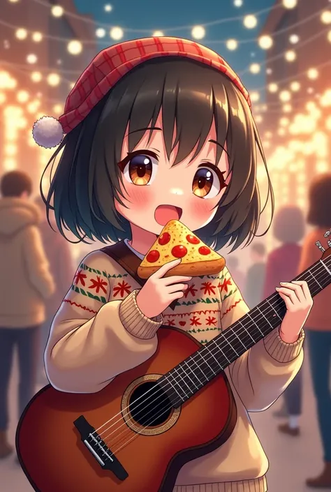 Tshirt graphic, cute anime girl in a christmas party eating pizza and playing guitar