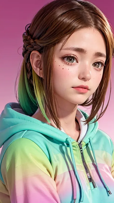 1 Girl, Solitary, Solitary focus, Cowboy shooting, portrait,  oversized hoodie ,  aqua green and white hoodie,  half aqua , Half green , ((Brown hair)), (Yellow hair), (Gradient Hairstyle :1.5), curls, ((Pink Eyes)),  highly detailed eyes , Tan, ( caramel ...