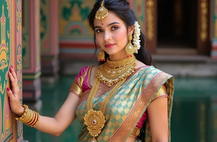 Woman covered in gold jewelry from head to toe sexy Indian girl 30 young girl Indian women big breast size leg big size Pimple on the forehead real women realistic background Indian tampul saree multi colored colors green pink blue colours curvy waist big ...