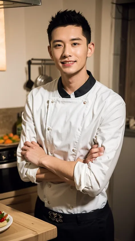 1st son, mature,  I have a nice thing , Upper body,  black short curly hair,  black chef outfit , chef, large kitchen , A little smile,  confident expression with arms crossed
