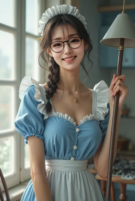 Best Quality、masterpiece、High sensitivity、High resolution、Detailed Description、Delicate facial depiction、Slender woman、Smiling face、Blue maid outfit、mop hanger 、