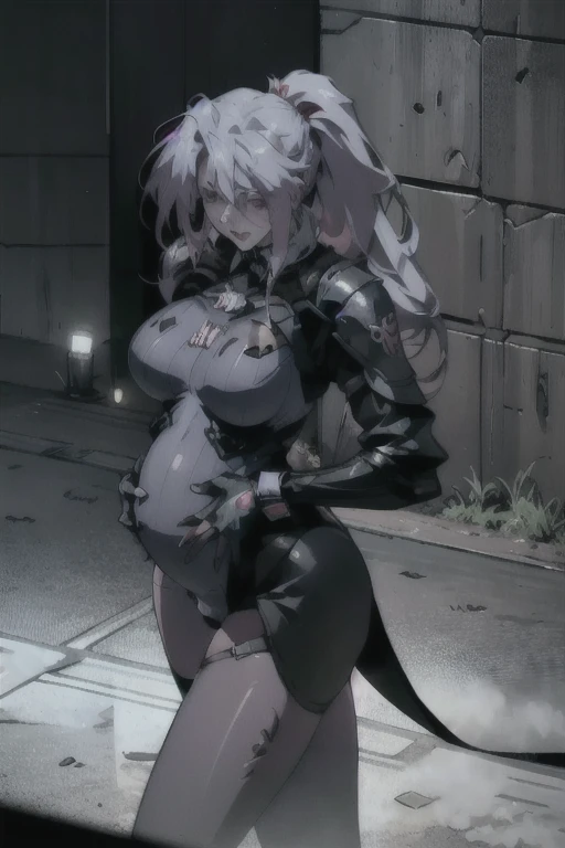 1 Girl, White hair，Low ponytail, mature sexy big sister 
Hands tied behind the body，Lying on the ground，Butt lift， tight black special agent jacket , Buckles and straps, Tactical vest damaged， without goggles on the head , Big breasts(and)，Raise eyebrows
 ...