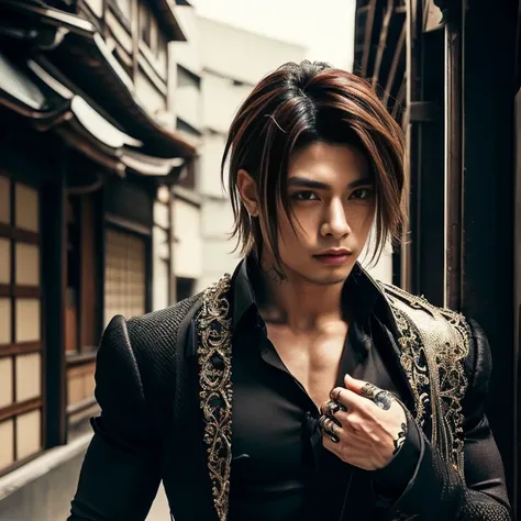 1 man, male, Japanese man, Visual Kai hairstyle, ultra detailed face and body, hyperrealistic, realistic representation, muscular, broad shoulders, tattoos gothic style, piercings, Visual Kei style, hairstyle Visual Kei, blond, long hair, 40 years old, out...